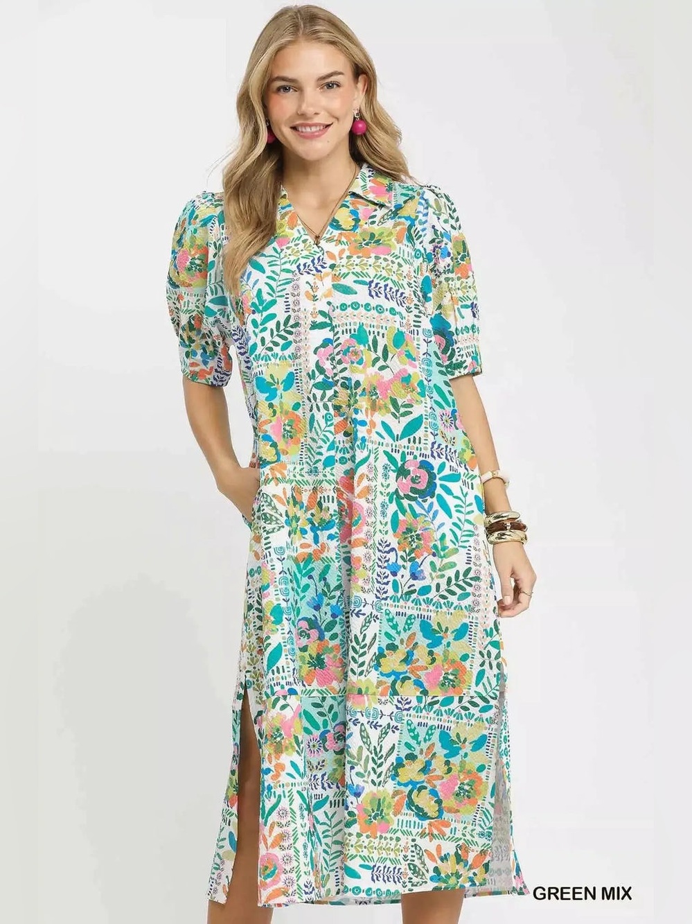 UMGEE FOLK PRINT MIDI DRESS with Side Pockets - S